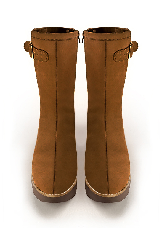 Caramel brown women's ankle boots with a zip on the inside. Round toe. Flat rubber soles. Top view - Florence KOOIJMAN